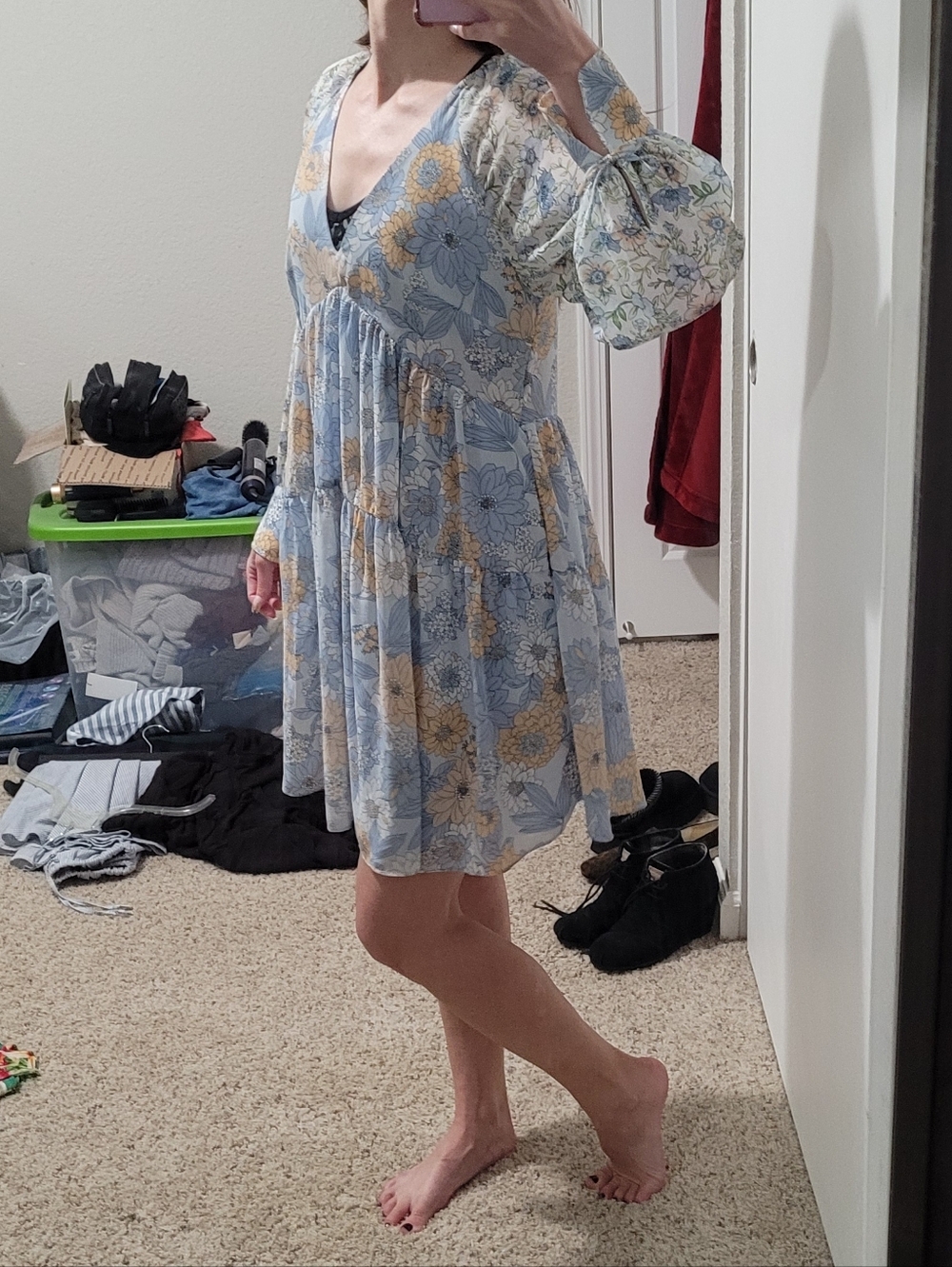 J. Crew Light Blue Floral V-Neck Babydoll Dress